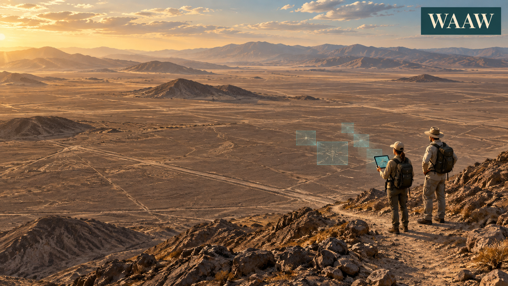 AI-generated conceptual illustration. The people, landscape details, tablet, and floating overlays are illustrative; this is not a photograph of the research team or an actual survey interface.