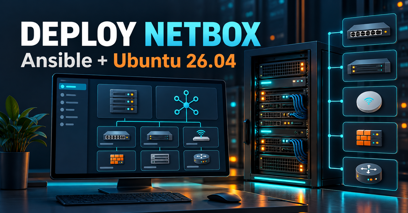 NetBox deployment illustration with a server rack, network inventory display, and the title Deploy NetBox: Ansible + Ubuntu 26.04.